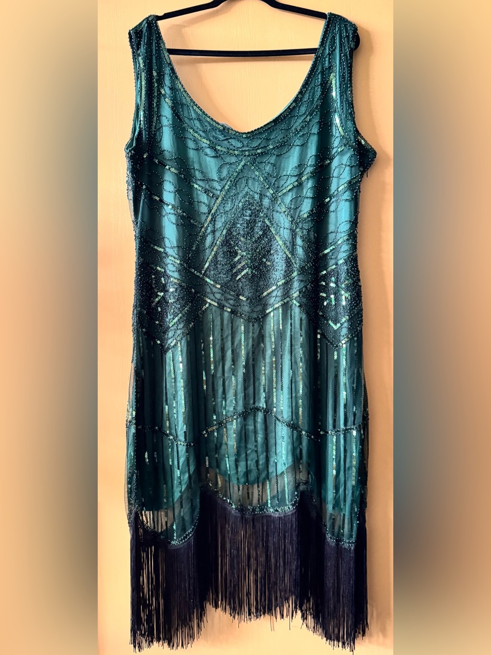 Emerald Green & Black Beaded & Sequin Flapper Dress Plus 2XL Roaring 20’s